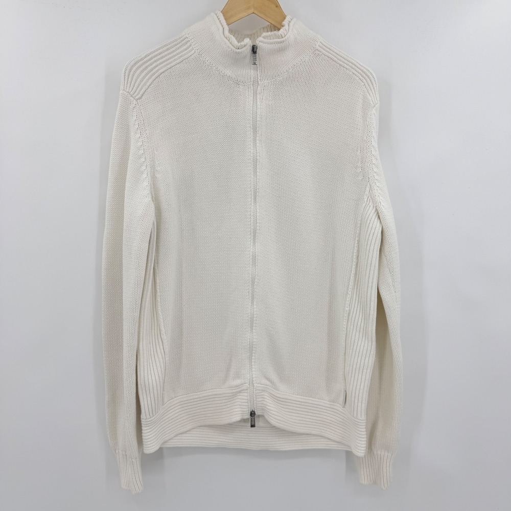 Calvin Klein Full Zip Sweater Mens Large Cream Ribbed Mock Neck Cotton Blend